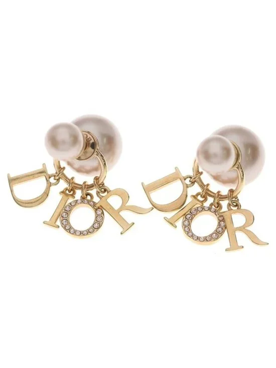 Dior Logo Rhinestone Faux Pearl Tribal Earrings Pink Gold - Picture 1 of 6